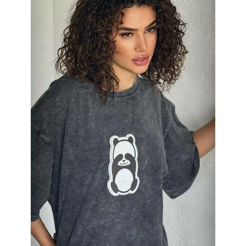 Modisch Bedrucktes T-Shirt Top European and American Washed Black Distressed Fashion Print Short sleeve T-shirt