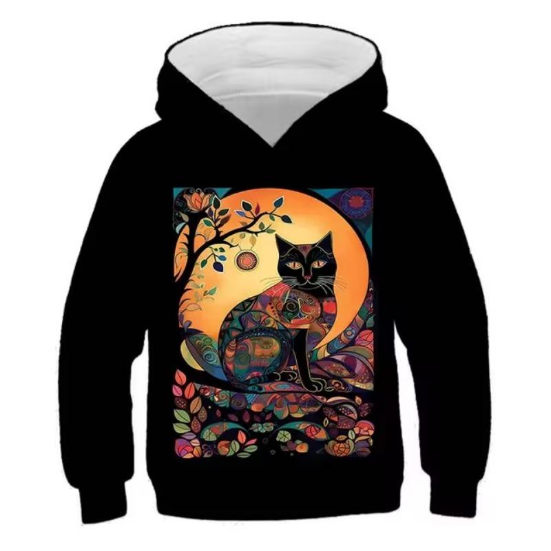 Hoodies Cute Kitten Flowers Print Girls Sweatshirt Stretch Comfortable Fit Long Sleeve Autumn Winter Pullover Tops Youth Kids