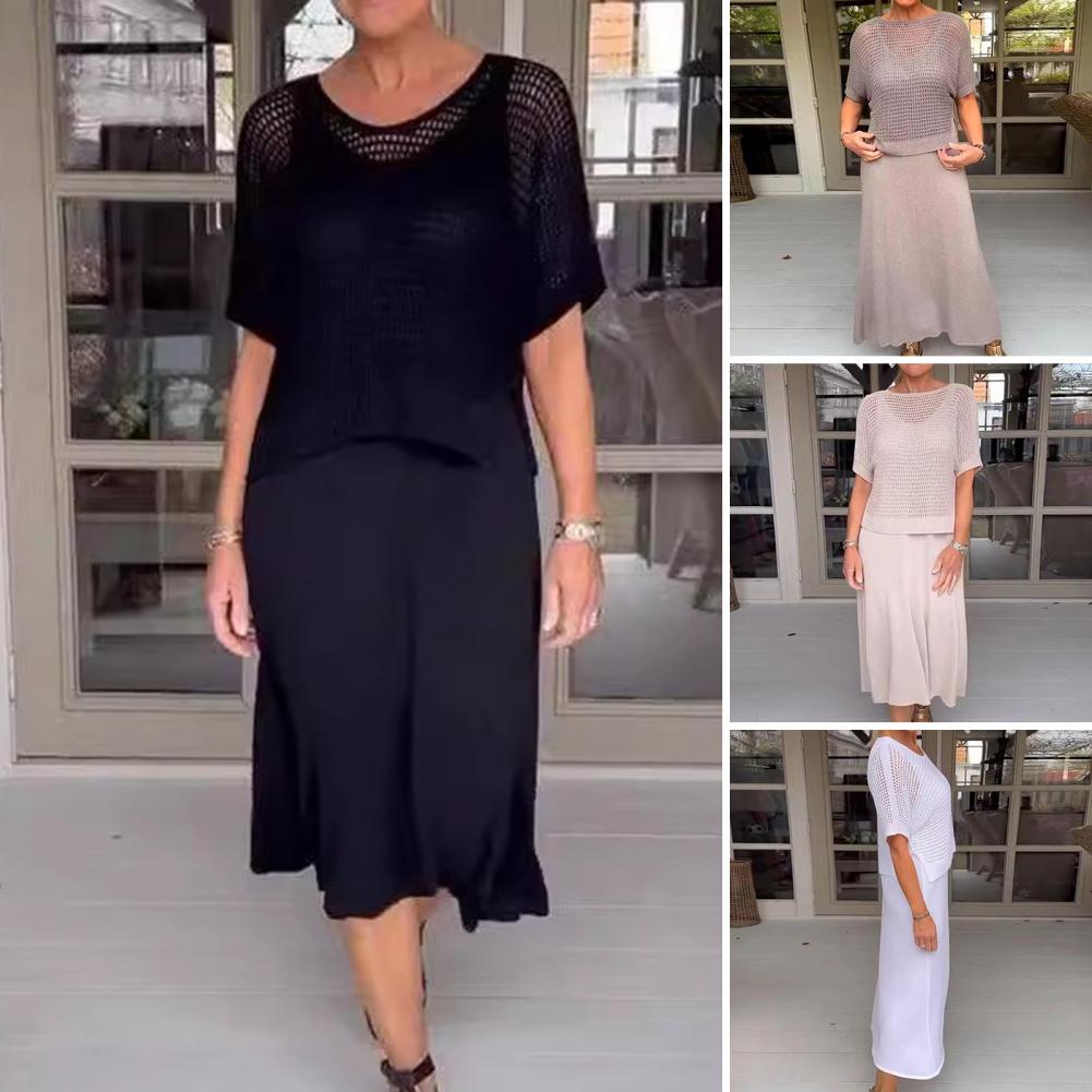 2 Pcs/Set Women Top Dress Set Hollow Out Knitted Round Neck Short Sleeve Top V Neck A-line Sleeveless Sundress Lady Midi Dress C