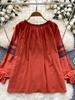 Women's Spring Autumn Shirt New Retro Bohemian Embroidered Lace Up Lantern Long Sleeves Blouse Top