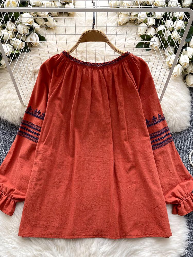 Women's Spring Autumn Shirt New Retro Bohemian Embroidered Lace Up Lantern Long Sleeves Blouse Top