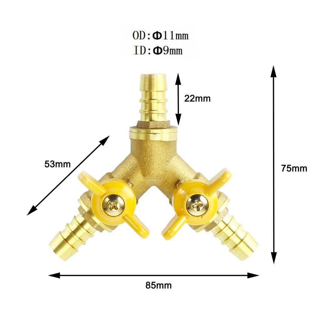 3/8" Hose Barb Ball Valve Y Shaped 3 Way Connector Barb Brass Fitting OD 11mm