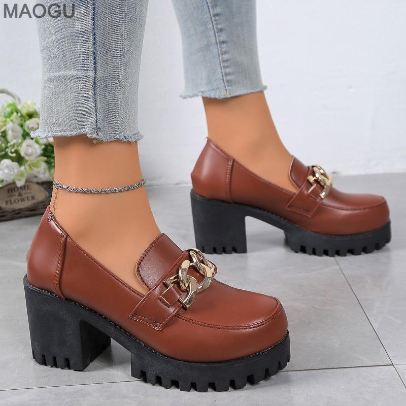 2026 New Autumn Chain Decor High Heels Loafers Women's Thick Heel British Style Low Top Pumps Slip on Anti-slip Shoes for Women