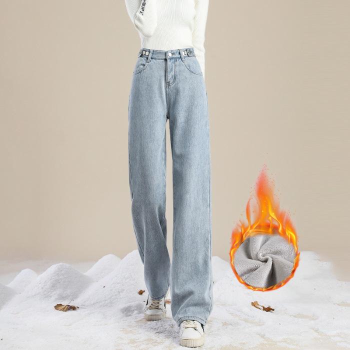 

Women s 2024 Fleece-Lined High-Waisted Elastic Straight-Leg Jeans for Autumn and Winter S
