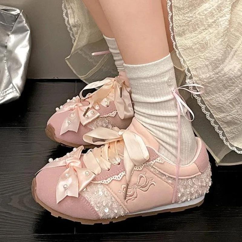 Fashion Hot Selling Thick-Soled 2025 Pearl Beaded Sweet Heart Casual Sports Shoes Women's Bowknot Ballet Flats Women Zapatillas De Mujer