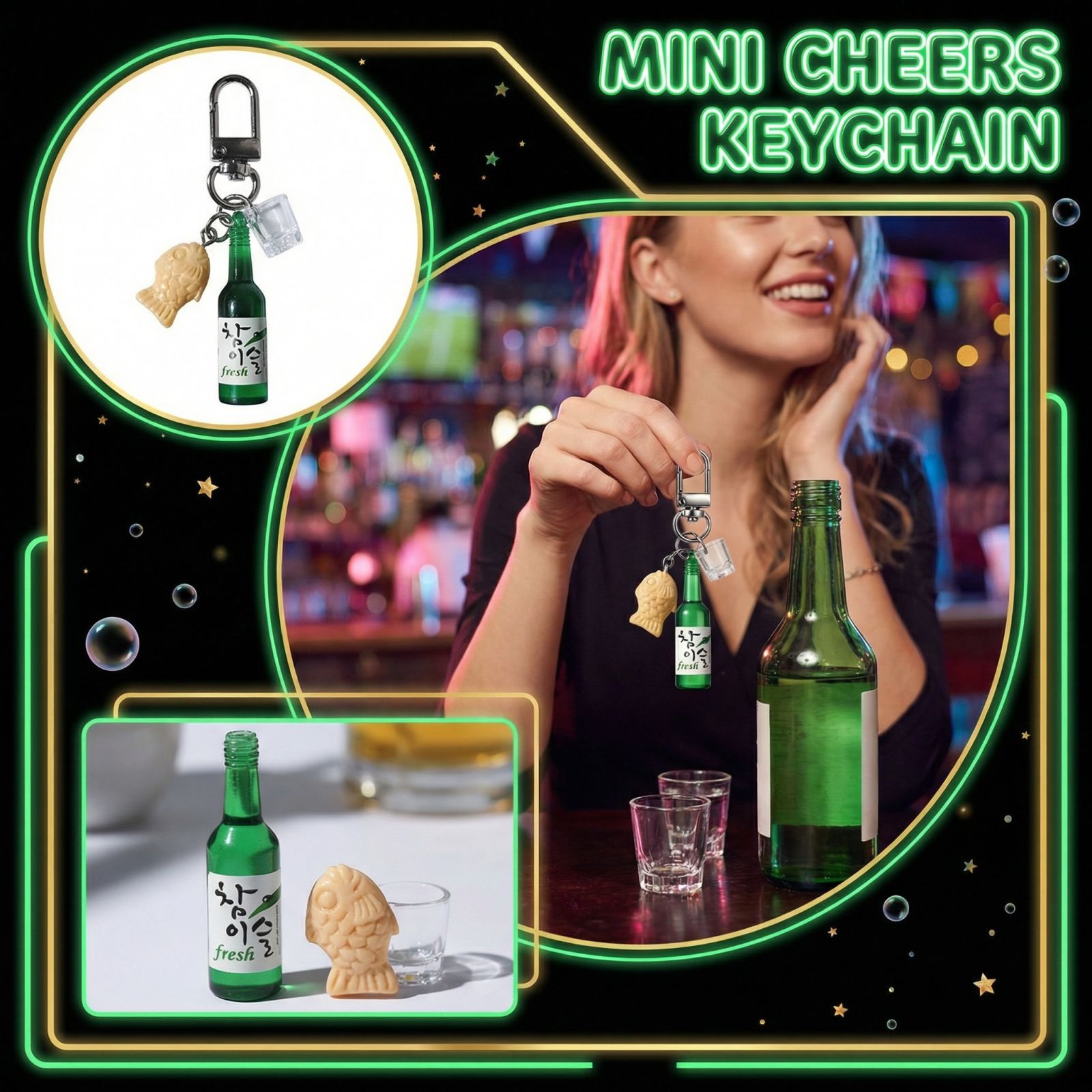 

Korean Plastic Sake Bottle/glass Keychain With Fish-shaped Bun Ornament Decoration. One Size