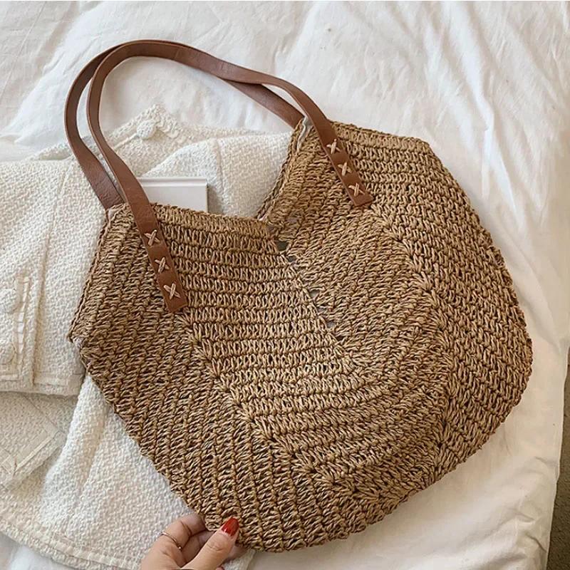 Summer Straw Bags for Women Straw Shoulder Bags Rattan Woven Top Handle Bag Hollow Raffia Crochet Beach Bag Casual Handbags