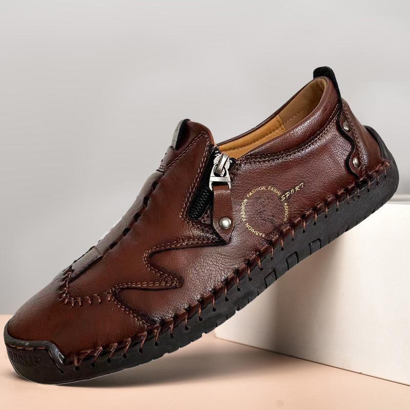 Men's Spring & Autumn Slip-On Fashionable Zipper Leather Loafers - Toe Design, Casual, Handmade, Large Sizes Available