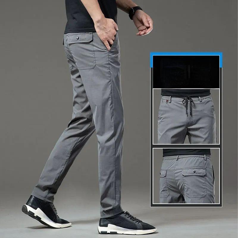 Spring Summer Cotton Men Casual Pants Elastic Waist Business Korean Fashion Straight Classic Solid Color Trousers Black Khaki