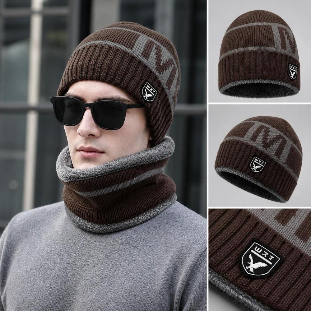 Windproof Neck Warmer Set Plush Lined Hat Scarf Combo Casual Knitted Beanie Set  For Men