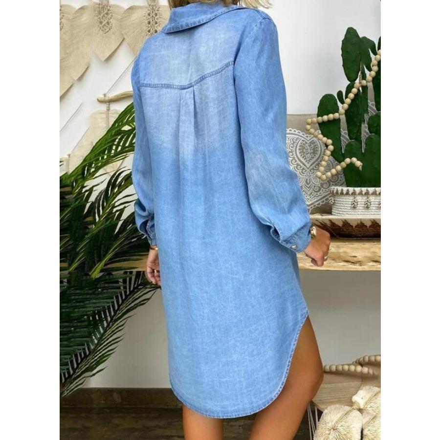 Plus Size Long Sleeve Denim Shirt Dress: Oversized Casual Solid Color Mid-Length Dress with Lapel Collar, Pockets Sexy Flowy Design for Women