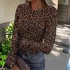 Dames Casual Luipaardprint Geribbelde Gebreide Top, Lange Mouwen, Ronde Hals