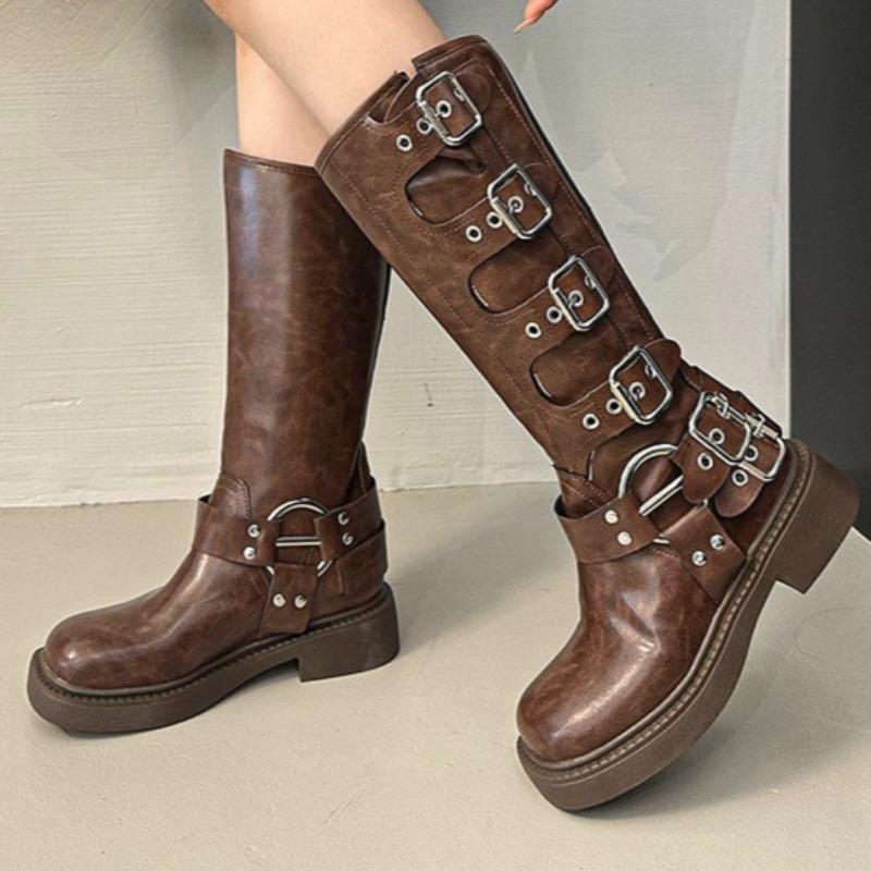 Thigh Boots Autumn New Round Toe Metal Buckle Platform Sleeve Platform Heightened Retro Tall Knight Boots