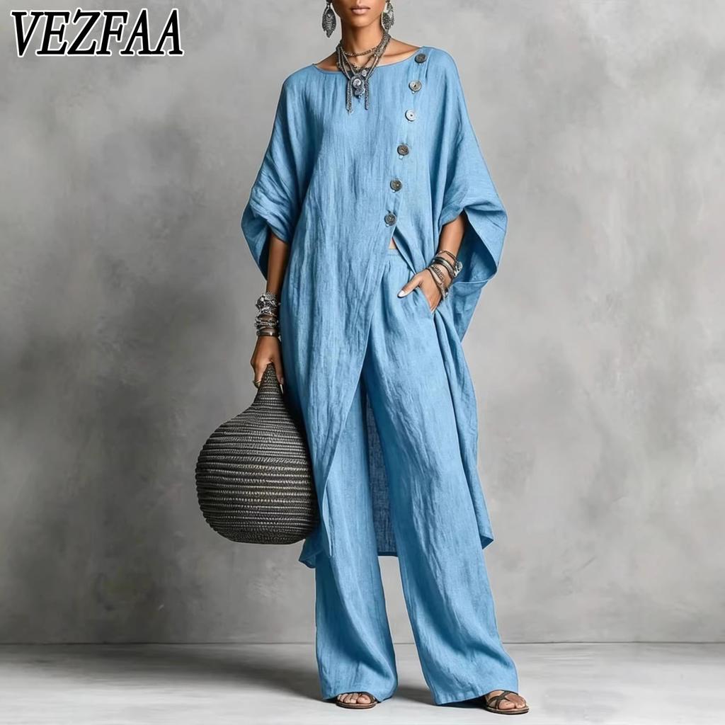 VEZFAA Moda Donna Casual Estate Primavera Colore Solido Stampa Manica 3/4 Scollo O Pantaloni Completi