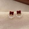 Wine Red Pearl Bow Stud Earrings: Sweet Retro Design for Women, Perfect Festive Ornaments