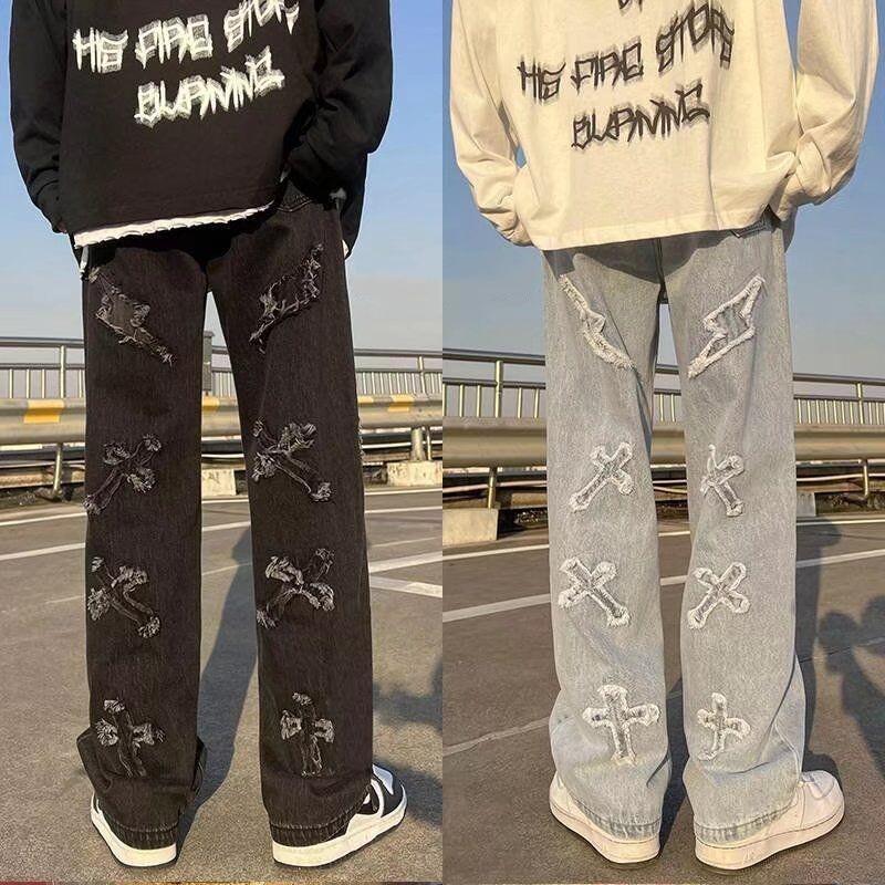 2026 Neuer Trend Hip-Hop Street Y2K Herrenhose High Street Locker Gerade Freizeithose Mode Herren Kreuz-Patch Jeans Herren S-3XL
