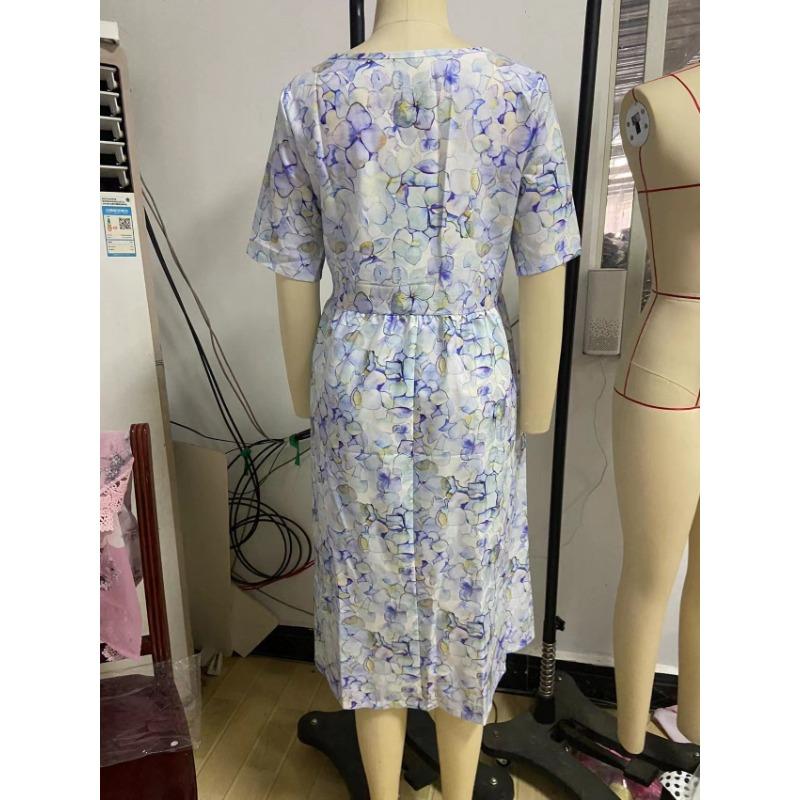 Casual O Neck Pockets Printed Loose Dresses for Women Plus Size Summer New Short Sleeve Women's Dress Fashion Elegant Vintage Floral Long Dress 3364