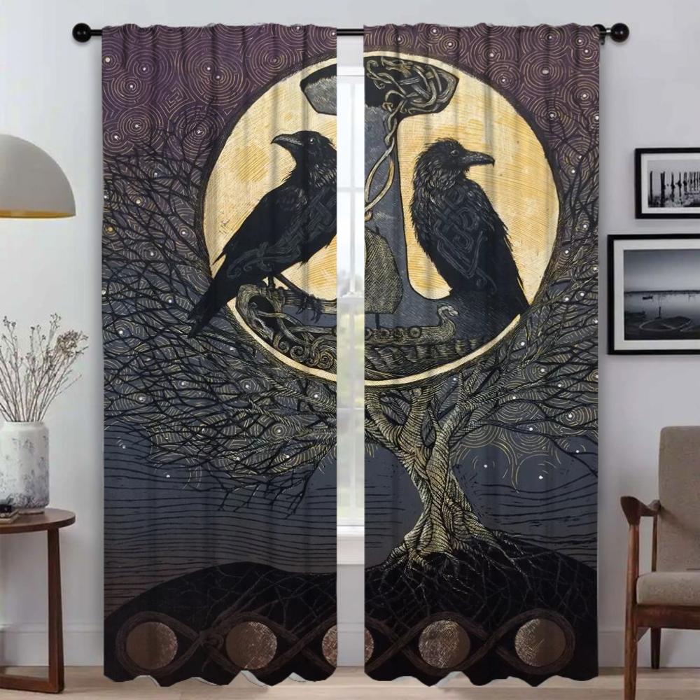 Vikings Odins Ravens Muninn Elegant Room Curtains 2 Pieces Window Curtain Shades Curtains for Bedroom Halloween Decoration Child
