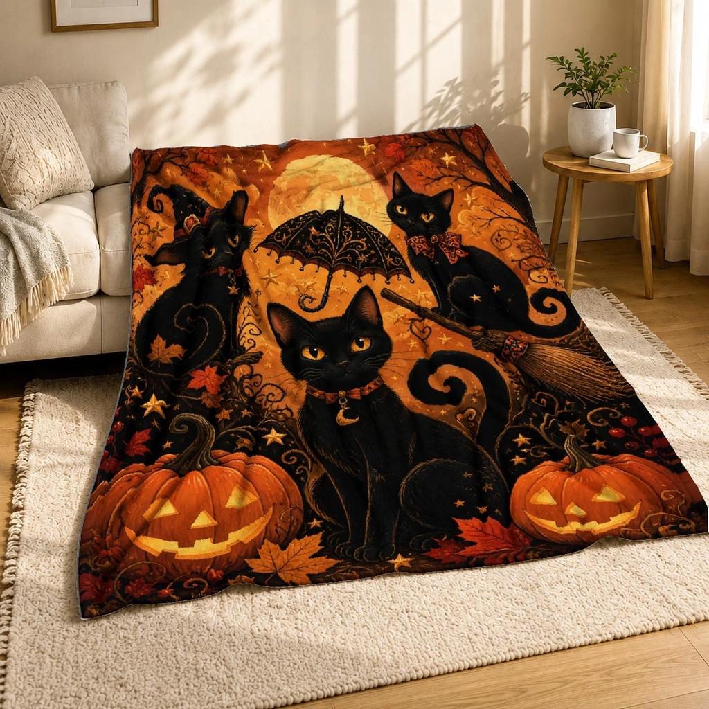 Three Black Cats Pumpkins Coral Fleece Blanket Halloween Decor