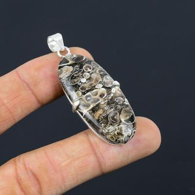 925 Silver Oval Turritella Agate Gemstone Bezel Wedding Daughter Elegant Pendant