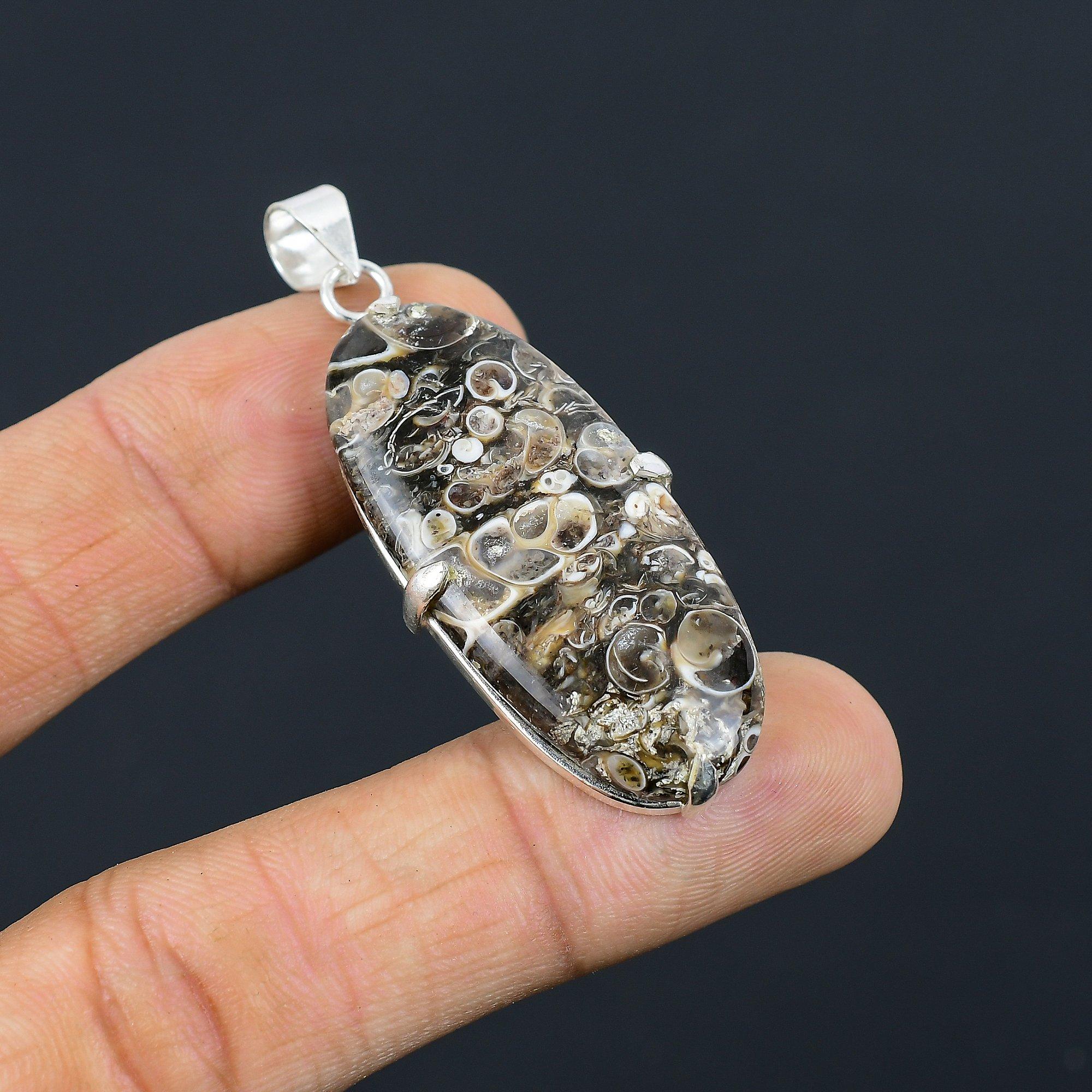 

925 Silver Oval Turritella Agate Gemstone Bezel Wedding Daughter Elegant Pendant