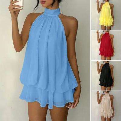 Women's Halter Neck Chiffon Mini Dress Summer Sleeveless Cocktail Party Dress Ruffle Wedding