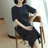 Women's Crew Neck Short Sleeve Midi Dress Loose Fit Commuter Striped Casual Drawstring T Shirt Dress