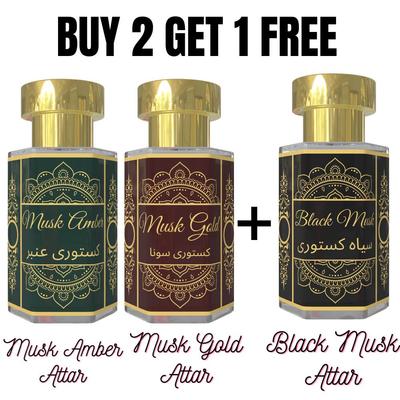 Musk Gold Attar und Musk Amber Attar mit kostenlosem Black Musk Attar – Warme moschusartige & tiefe Bernstein-Duftkombination | Alkoholfreies Unisex-Parfüm