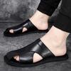 Men's Versatile Genuine Leather Beach Sandals, Sizes 46-47, Soft Sole Cowhide Summer Thong Slippers