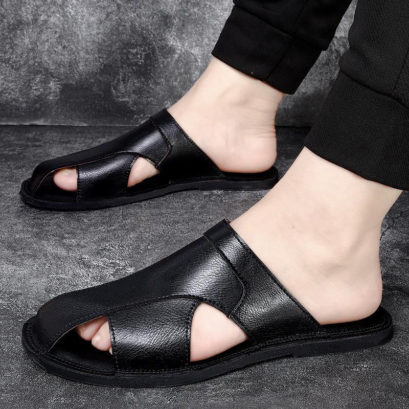 Men's Versatile Genuine Leather Beach Sandals, Sizes 46-47, Soft Sole Cowhide Summer Thong Slippers