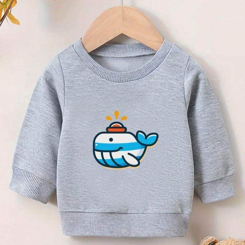 Kids Crewneck Sweatshirt, Cartoon Whale Graphic Print, Spring Autumn Casual Tops