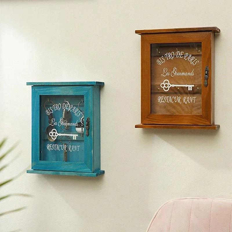 Hanging On The Wall Vintage Wooden Key Storage Box Housekeeper Blue Brown Cabinet Key Rack With Hook Rack Family Wall Decoration