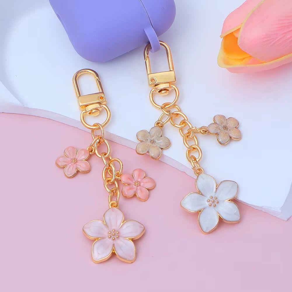 Alloy Cherry Blossom Keychain Enamel Coating Pearl Drop Keyring Lovely Flower Key Holder  Daily Use