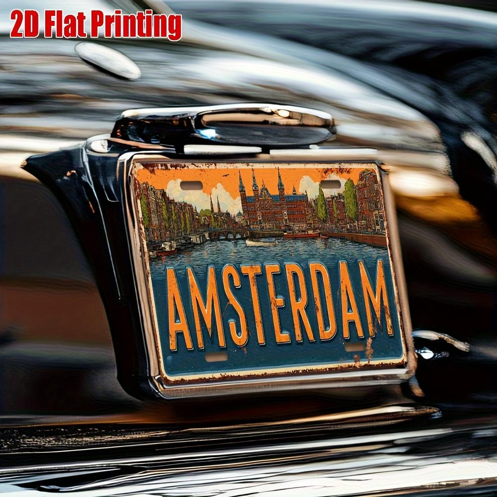 D Flat Pc Vintage Amsterdam Metal License Plate Aluminum Wall Decor with Dutch Cityscape Suitable for Home Vehicle Garden