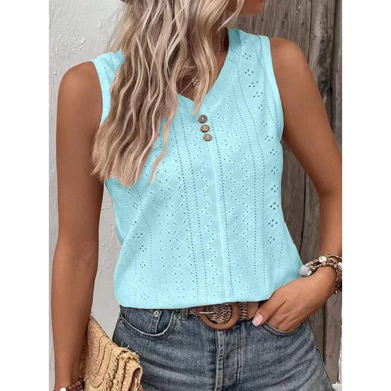 Women V Neck Sleeveless Eyelet Embroidery Top With Button Detail M синий