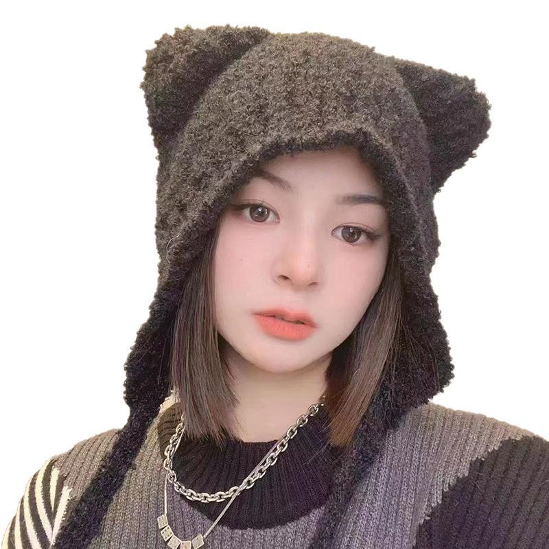 Women's Cute Bear Wool Hat - Warm Plush Knitted Beanie for Large Head Circumference