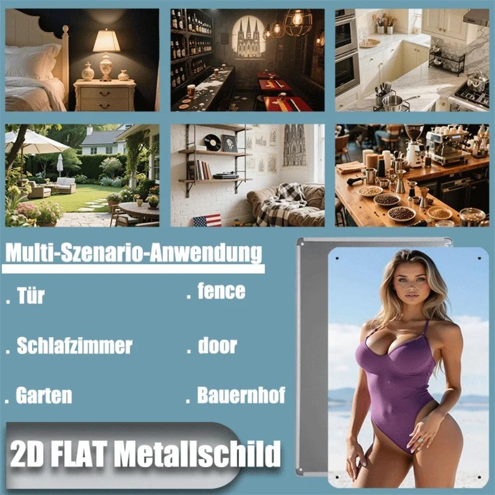Hisun Tin Sign HD Metal Wall Art Gorgeous Blonde Woman In Sexy Purple Halter Neck Monokini Swimsuit Posing with Hand On Hip Against Scenic Beac
