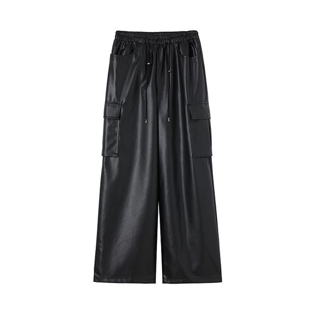 Rap Cargo Pocket Elastic Waist Leather Pants Aq1Lp260