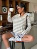 Womens Striped Button Polo Collar Long Sleeve Casual Loose Sweatshirt