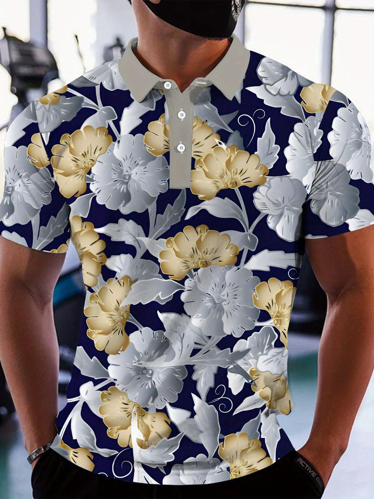 Print Design - Non-Textured Men'S Short Sleeve Polo Fashion Golf Deep Blue with Golden And Silver Floral Pattern Pullover with Collar Summer Graffiti