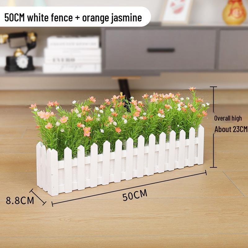 Silk Flower Pot with Wood Fence: Decorative Bonsai for Living Room or Office.