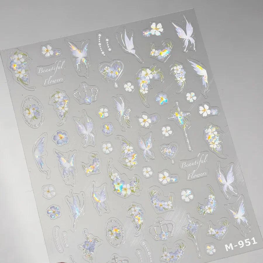 Shiny Jelly Butterfly Charming Golden Gradient Bowknot 5D Self Adhesive Nail Art Sticker Flower Petal Rhinestone Manicure Decals