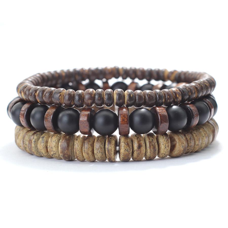 

3 шт. Мужской набор браслетов из скорлупы кокоса, многослойный набор из натурального камня тигровый глаз, бисерный браслет в стиле бохо, деревянные струны