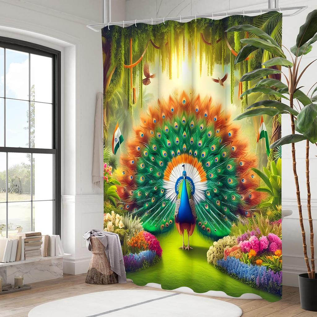 Peacock Landscape Pattern Bathing Curtain  Bathroom Letters Shower Curtain Waterproof With 12 Hooks Fishes Home Deco Free Ship