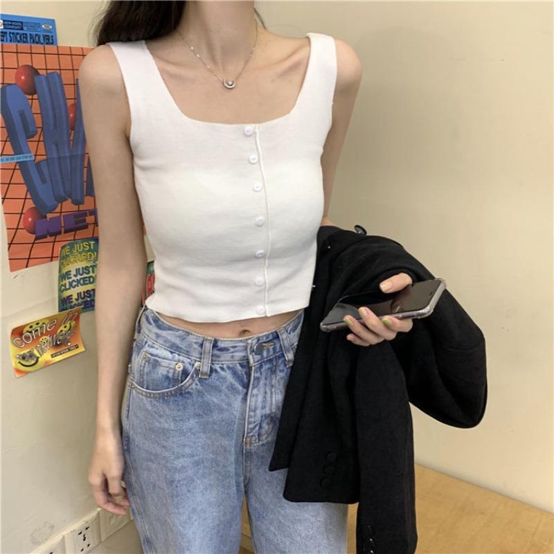 Summer New Korean Version of Simple Knit Sleeveless Jacket Buttons Carefully Machine Solid Color Short Small Vest Women