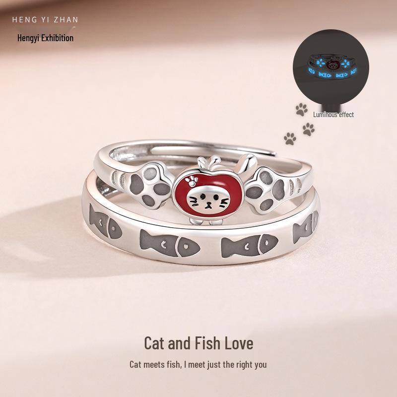 

Гравируемые оригинальные кольца для пары мультяшных кота и рыбки, светящееся серебро 999 пробы, милый дизайн T2473 Women