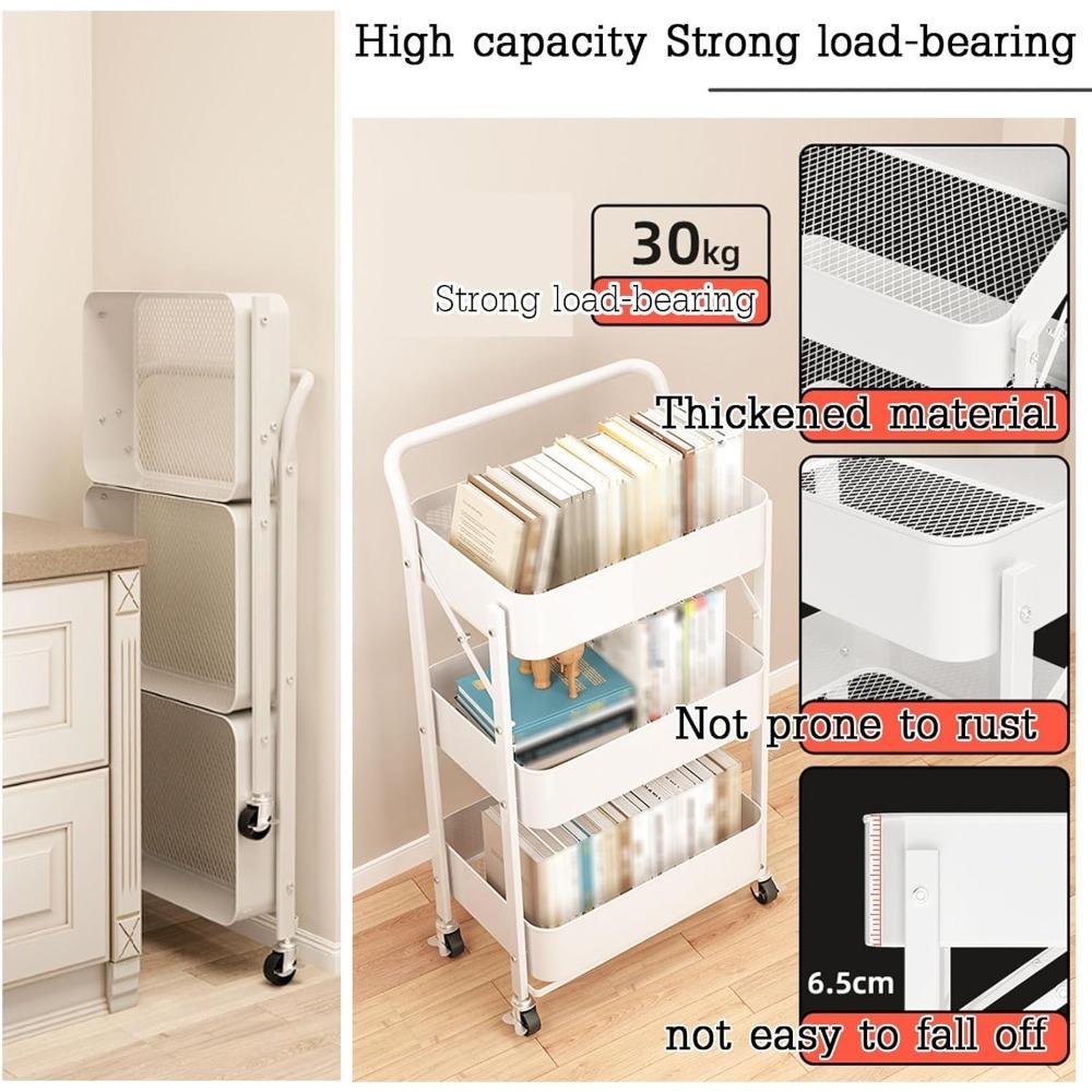 3-Tier Rolling Cart Metal Utility Cart Mobile Storage Trolley On Wheels Shelving Food Storage Kitchen Bathroom Laundry Room