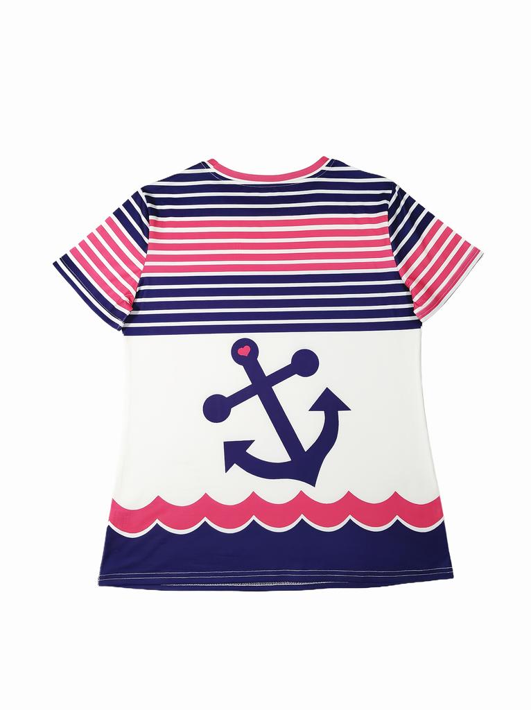 Round neck women's short-sleeved printed T-shirt with stripes, skin-friendly fabric and comfortable