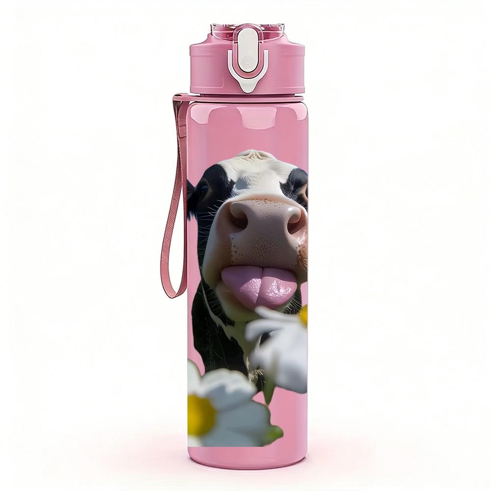 1PC Cow Holding Flower Farm Animal Print 750ml Color Plastic Sports Water Bottle Leakproof Flip Straw Lid Suitable for Sports Office Home Use