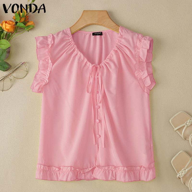 

VONDA Summer Women V neck Ruffled Sleeveless Buttons Up Casual Tank Tops S розовый